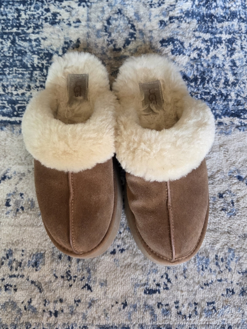 UGG Brown Suede Shearling Platform Clog Slippers with Cream Collar